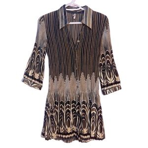 S Lindi Gold Pleated Shirt Dress 2/3 Sleeve Stretchy collor button down V-Neck